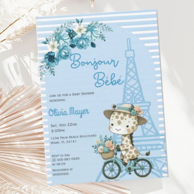 Bonjour Bebe Fransk Paris Giraffe Blue Baby Shower Inbjudningar (Skapare uppladdad)