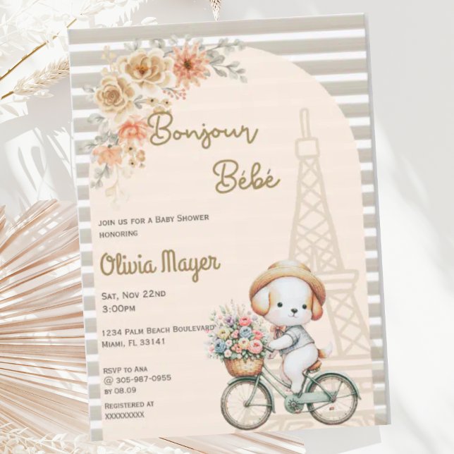 Bonjour Bebe Fransk Paris Puppy Hund Baby Shower Inbjudningar (Skapare uppladdad)