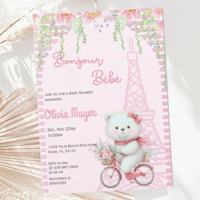 Bonjour Bebe Fransk Paris Rosa Bear Baby Shower Inbjudningar (Skapare uppladdad)