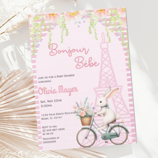 Bonjour Bebe Fransk Paris Rosa Bunny Baby Shower Inbjudningar (Skapare uppladdad)