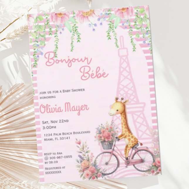 Bonjour Bebe Fransk Paris Rosa Giraffe Baby Shower Inbjudningar (Skapare uppladdad)