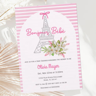 Bonjour Bebe Fransk Paris Rosa Girl Baby Shower Inbjudningar