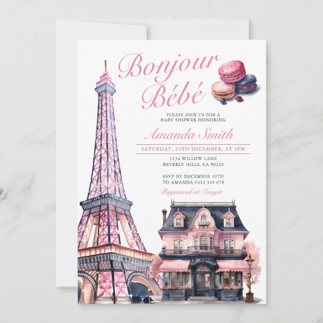 Bonjour Bebe Fransk Parisian Cafe Baby Shower Inbjudningar (Framsida)
