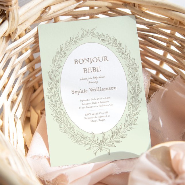 Bonjour Bebe Fransk Patisserie Baby Shower Grönt Inbjudningar (Skapare uppladdad)