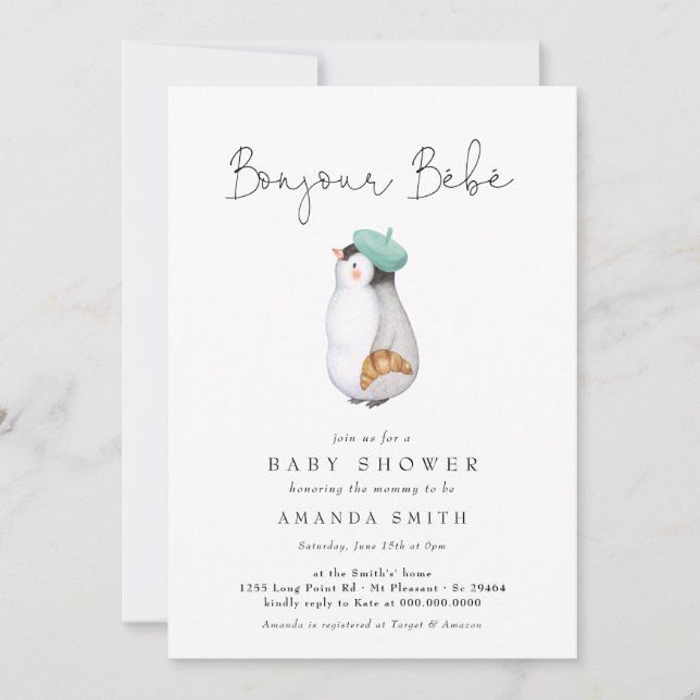 Bonjour Bebe Fransk Penguin Neutralt Baby Shower Inbjudningar (Framsida)