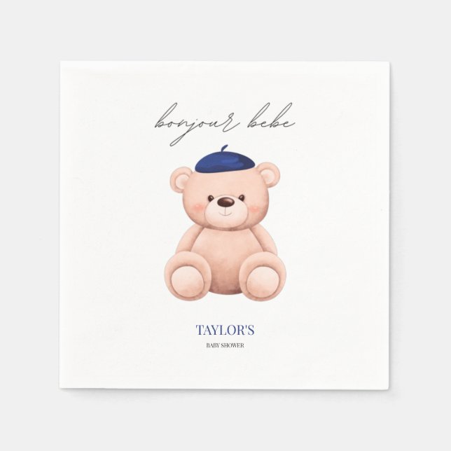 Bonjour Bebe Fransk Watercolor Bear Baby Shower Pappersservett (Framsidan)