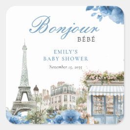 Bonjour Bebe French Blue Baby Shower Fyrkantigt Klistermärke