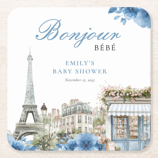 Bonjour Bebe French Blue Baby Shower Underlägg Papper Kvadrat (Framsidan)