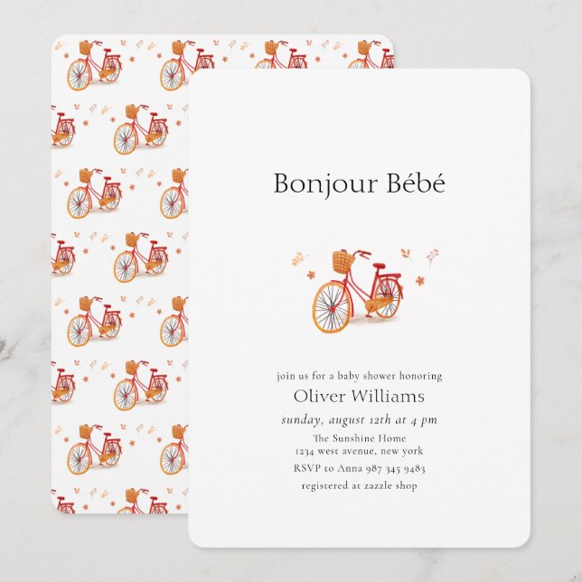 Bonjour Bébé Höstlöv Cykel Baby shower Inbjudningar (Fram/baksida)