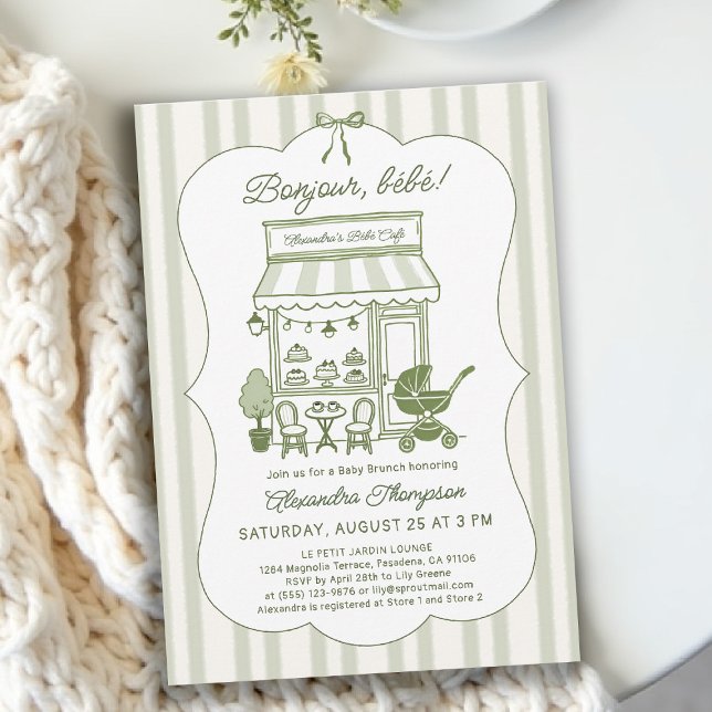 Bonjour Bebe Kaffe Brunch Nyfödd Baby Shower Inbjudningar (baby shower brunch invitation coffee theme brewing olive green bistro hand drawn paris bistro)