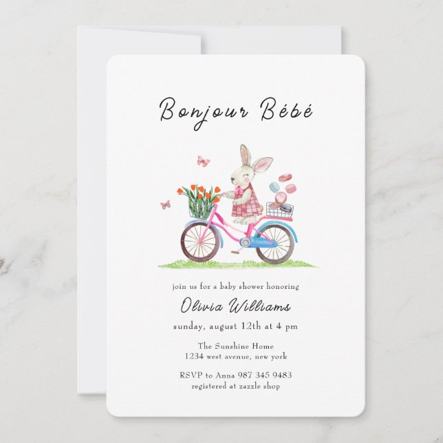 Bonjour Bébé Kanin Cykel Macarons Baby Shower  Inbjudningar (Framsida)