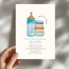 Bonjour Bébé Macarons & Milk Blue Baby Shower Inbjudningar
