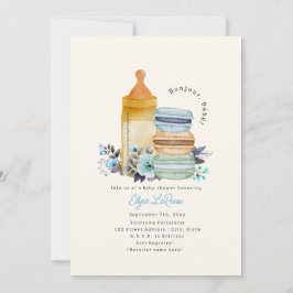 Bonjour Bébé Macarons Milk Floral Blue Baby Shower Inbjudningar