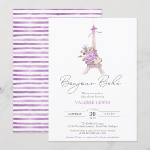Bonjour Bebe Paris Eiffel Lila Blommigt Shower Inbjudningar