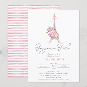 Bonjour Bebe Paris Eiffel Rosa Blommigt Baby Showe Inbjudningar
