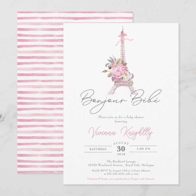 Bonjour Bebe Paris Eiffel Rosa Flowers Baby Shower Inbjudningar (Fram/baksida)