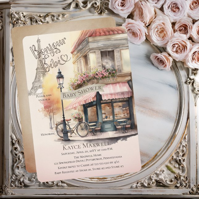 Bonjour Bebe Paris Frankrike Fransk  Cafe Baby Sho Inbjudningar (Bonjour Bébé Pink Parisian (Paris, France) French Cafe Girl Baby Shower Invitation - Print | Digital)