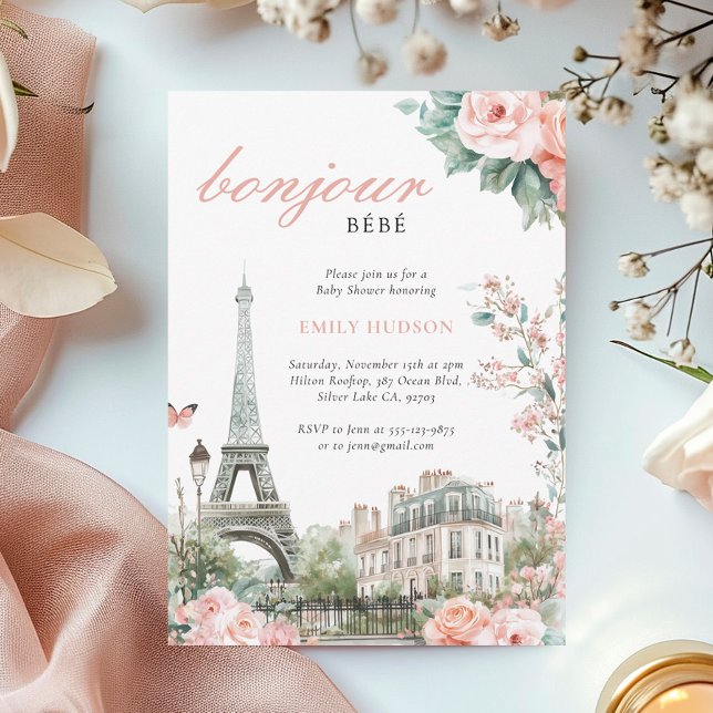 Bonjour Bébé Paris Fransk Baby Shower-inbjudan Inbjudningar (Skapare uppladdad)