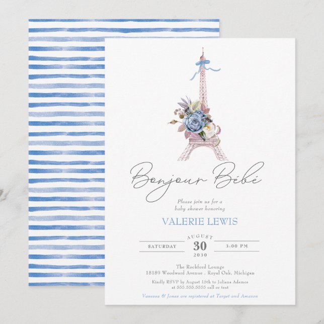 Bonjour Bebe Paris Fransk Blue Eiffel Baby Shower Inbjudningar (Fram/baksida)