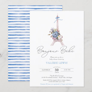 Bonjour Bebe Paris Fransk Blue Eiffel Baby Shower Inbjudningar