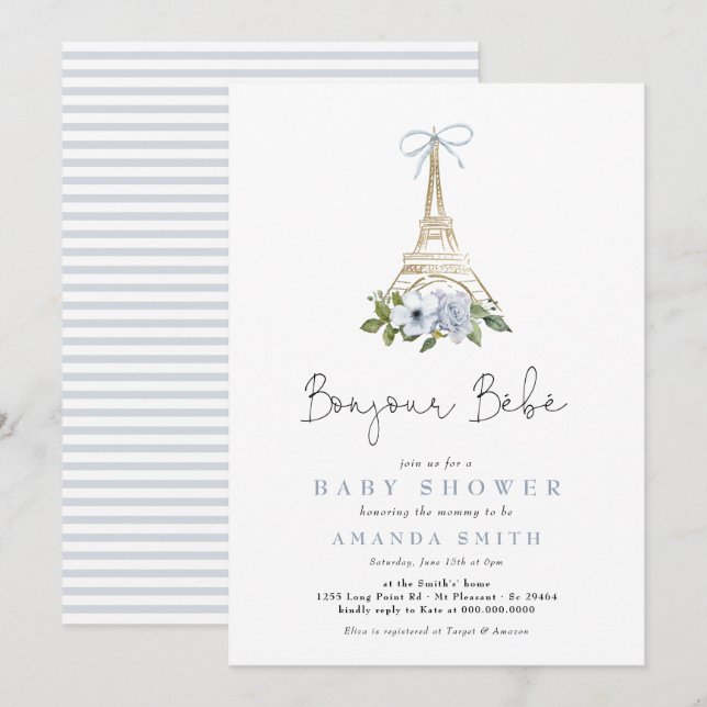 Bonjour Bebe Paris Fransk Blue Eiffel Baby Shower Inbjudningar (Fram/baksida)