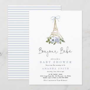 Bonjour Bebe Paris Fransk Blue Eiffel Baby Shower Inbjudningar
