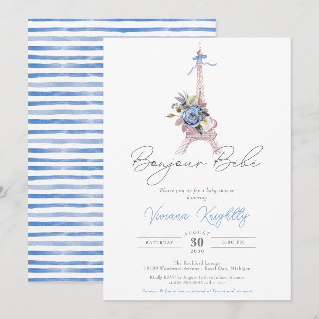 Bonjour Bebe Paris Fransk Blue Rand Baby Shower Inbjudningar (Fram/baksida)
