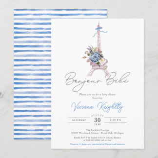 Bonjour Bebe Paris Fransk Blue Rand Baby Shower Inbjudningar