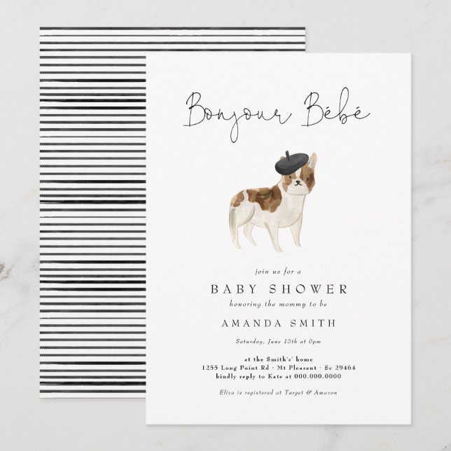 Bonjour Bebe Paris Fransk Bulldog Baby Shower Inbjudningar (Fram/baksida)