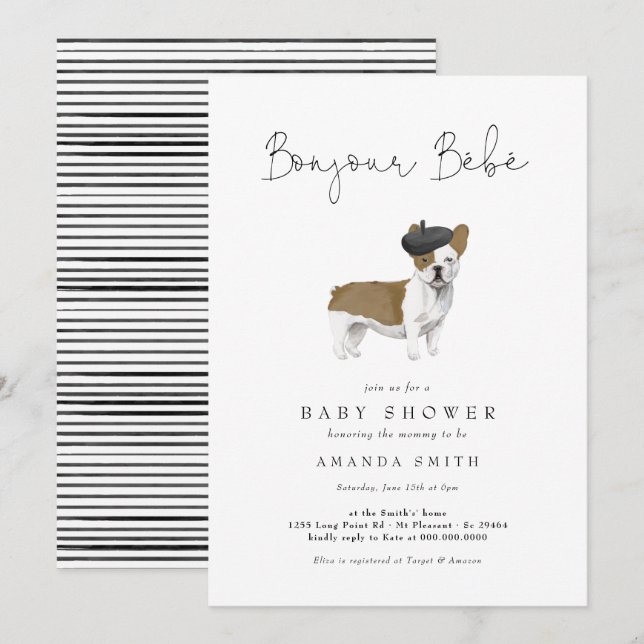 Bonjour Bebe Paris Fransk Bulldog Baby Shower Invi Inbjudningar (Fram/baksida)
