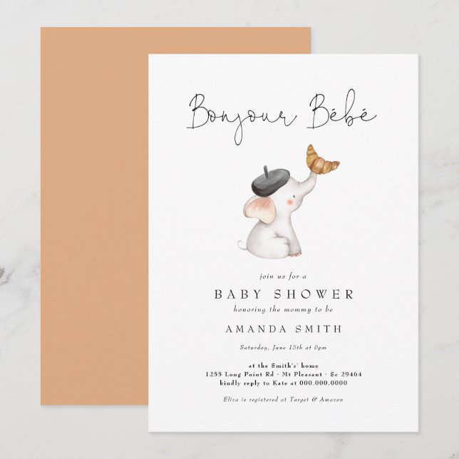 Bonjour Bebe Paris Fransk Elephant Baby Shower Inbjudningar (Fram/baksida)