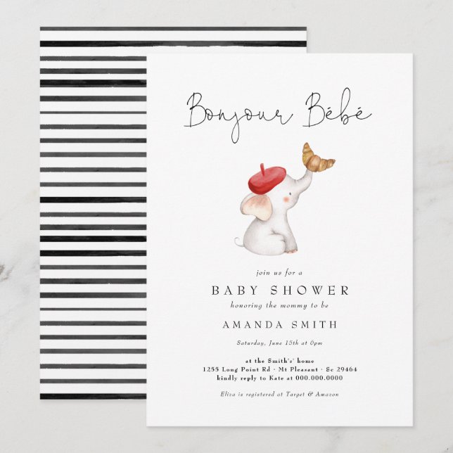 Bonjour Bebe Paris Fransk Elephant Baby Shower Red Inbjudningar (Fram/baksida)