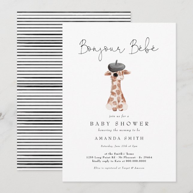 Bonjour Bebe Paris Fransk Giraffe Baby Shower Inbjudningar (Fram/baksida)