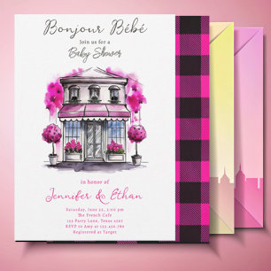 Bonjour Bebe Paris Fransk Rosa Black Baby Shower Inbjudningar