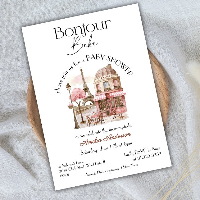 Bonjour Bebe Paris Fransk Rosa Cafe Baby Shower Inbjudningar (Skapare uppladdad)