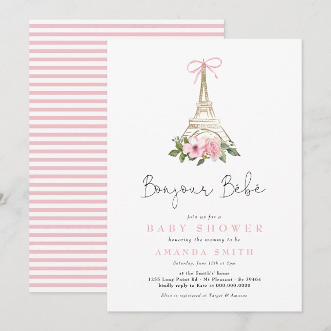 Bonjour Bebe Paris Fransk Rosa Eiffel Baby Shower Inbjudningar (Fram/baksida)