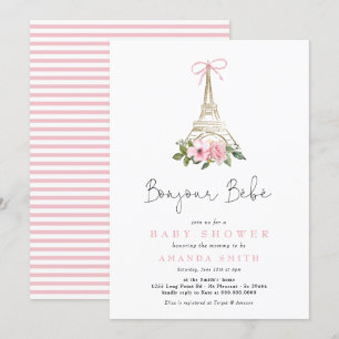 Bonjour Bebe Paris Fransk Rosa Eiffel Baby Shower Inbjudningar