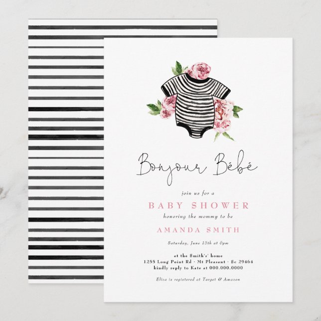 Bonjour Bebe Paris Fransk Rosa Flowers Baby Shower Inbjudningar (Fram/baksida)