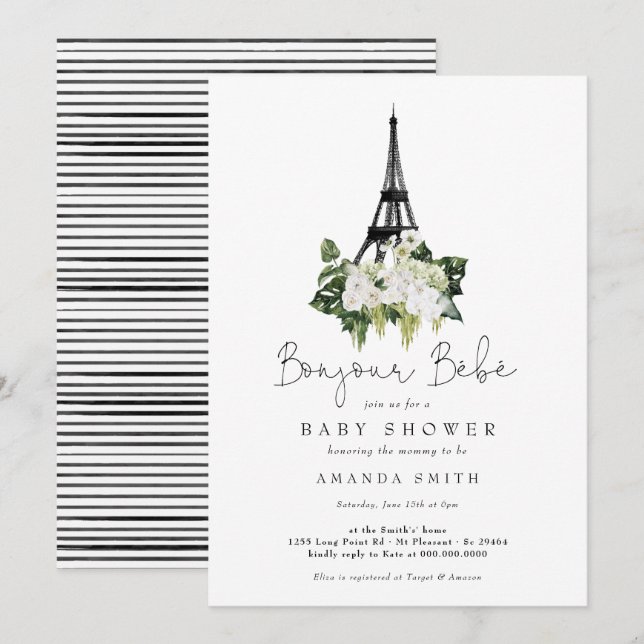 Bonjour Bebe Paris Fransk White Blommigt Baby Show Inbjudningar (Fram/baksida)