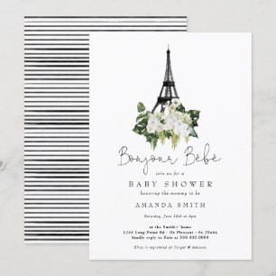 Bonjour Bebe Paris Fransk White Blommigt Baby Show Inbjudningar