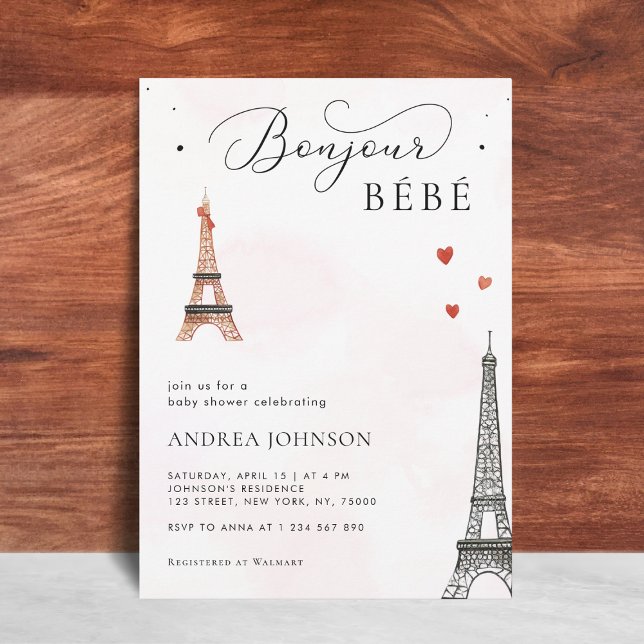 Bonjour Bébé Paris Gender Neutral Rosa Baby Shower Inbjudningar (Skapare uppladdad)