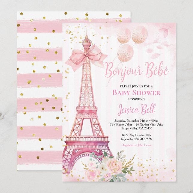 Bonjour Bebe Paris Girl Baby Shower Rosa Eiffel Inbjudningar (Fram/baksida)