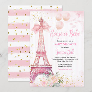 Bonjour Bebe Paris Girl Baby Shower Rosa Eiffel Inbjudningar