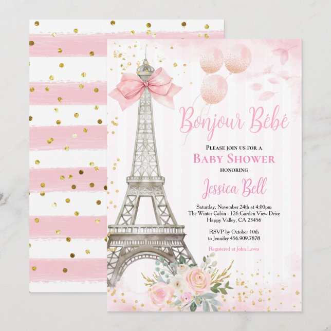 Bonjour Bebe Paris Girl Baby Shower Rosa Eiffel Inbjudningar (Fram/baksida)