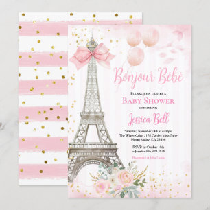 Bonjour Bebe Paris Girl Baby Shower Rosa Eiffel Inbjudningar