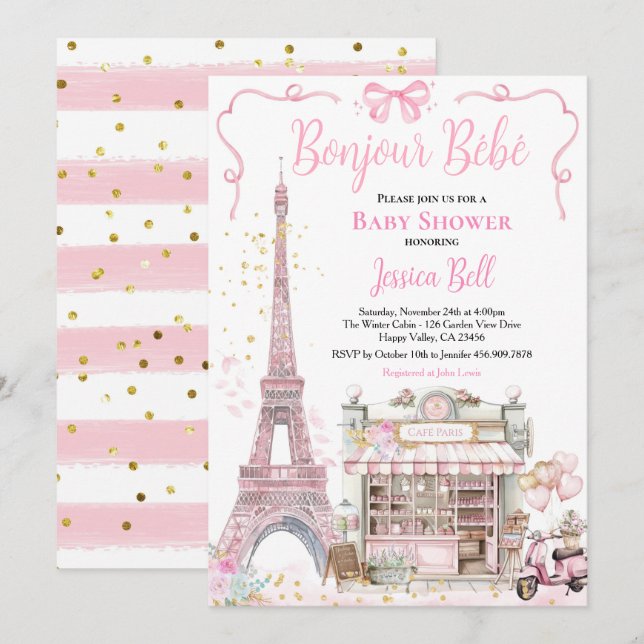 Bonjour Bebe Paris Girl Baby Shower Rosa Eiffel Inbjudningar (Fram/baksida)
