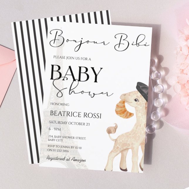 Bonjour Bebe Paris Parisian Fransk Baby Shower Inbjudningar (Bonjour Bebe French Giraffe Paris Parisian France Baby Shower Invitation)