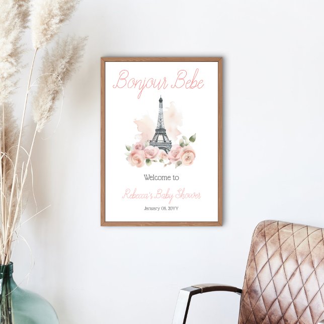 Bonjour Bebe Parisian Blommigt Baby Shower Välkomm Poster (Skapare uppladdad)