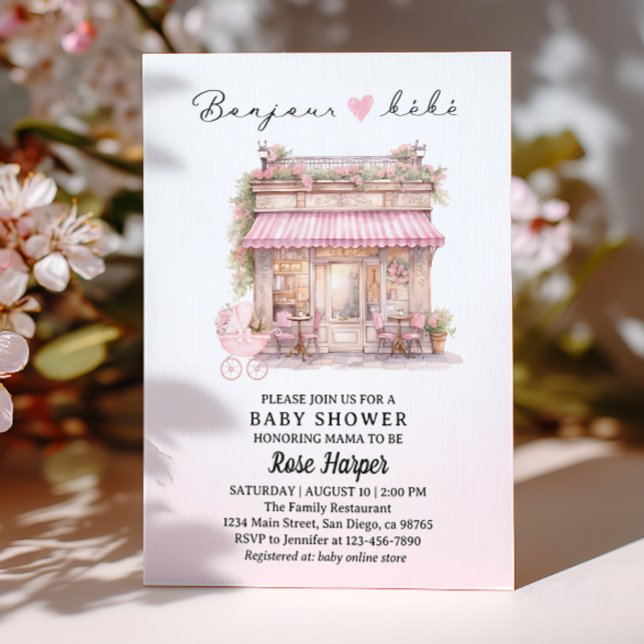 Bonjour Bebe Parisiskt Bebyshov Rosa Fransk Café Inbjudningar (Skapare uppladdad)