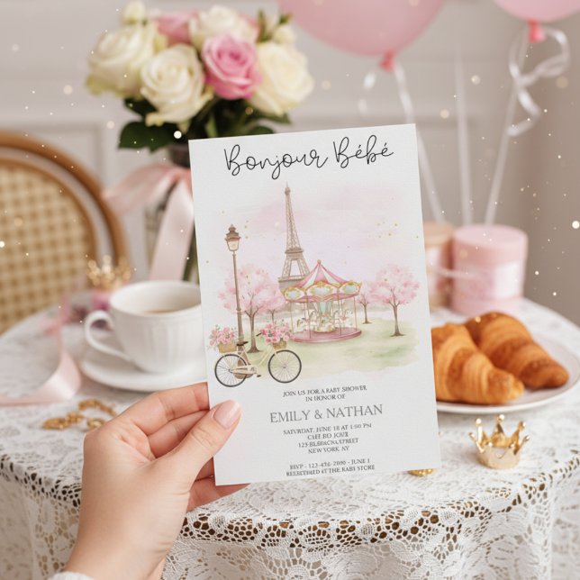 Bonjour Bebe Parisiskt kafé rosa Eiffeltornet flic Inbjudningar (Skapare uppladdad)